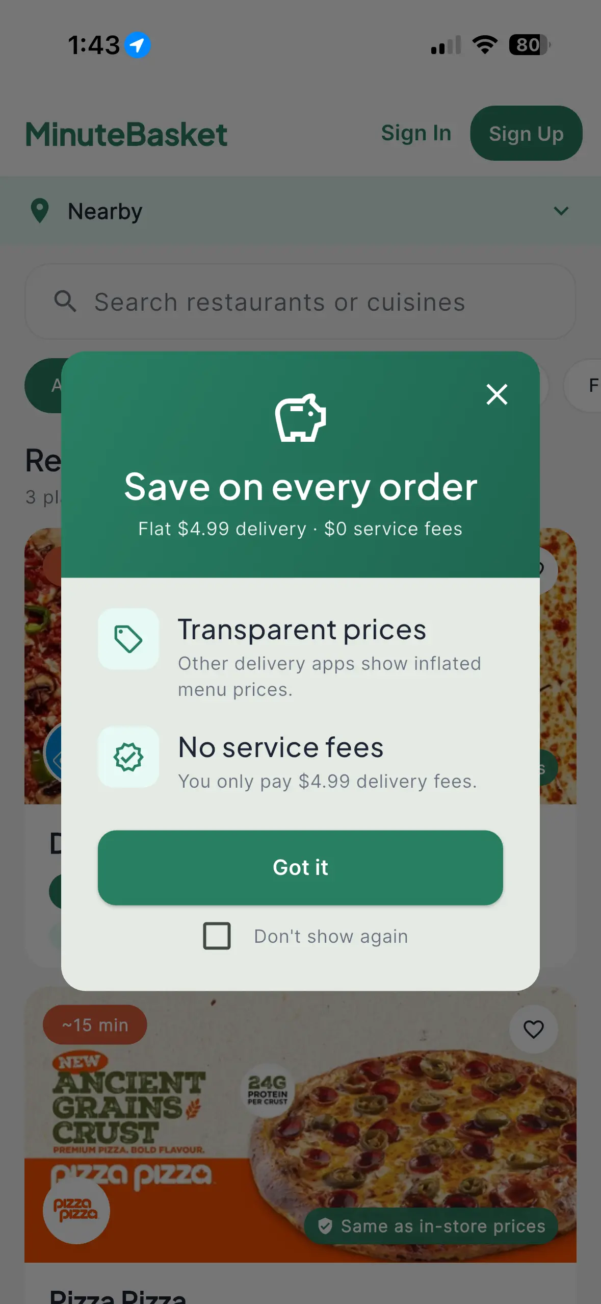 MinuteBasket app explaining flat $4.99 delivery and $0 service fees