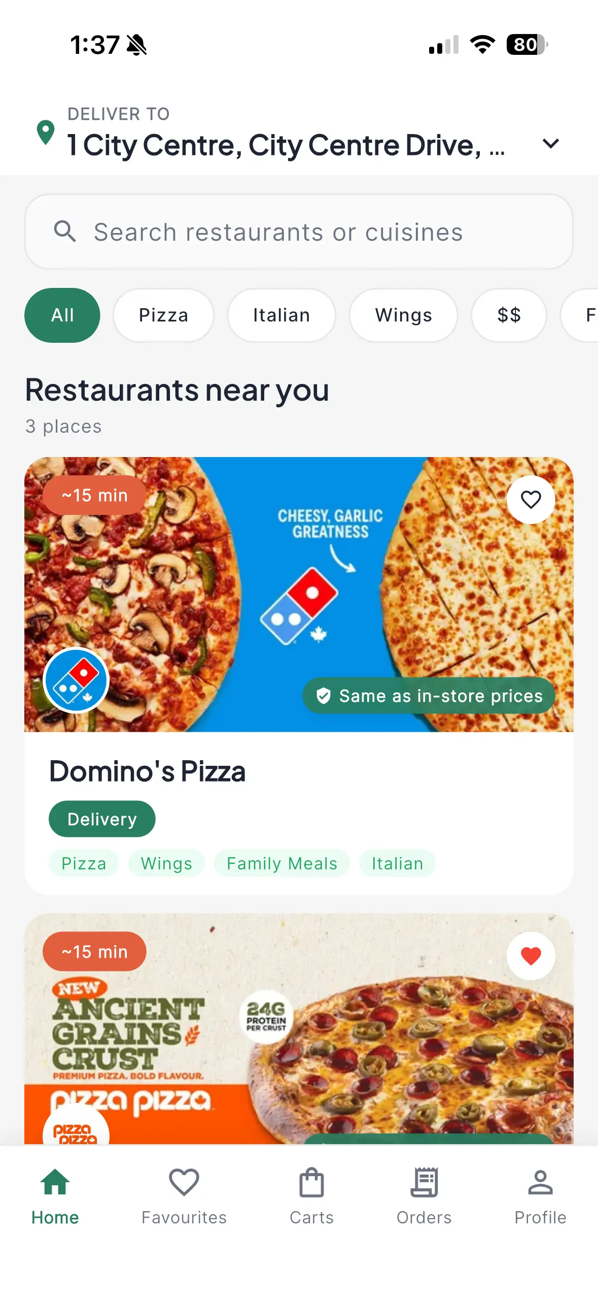 The MinuteBasket app showing restaurants near you with in-store prices