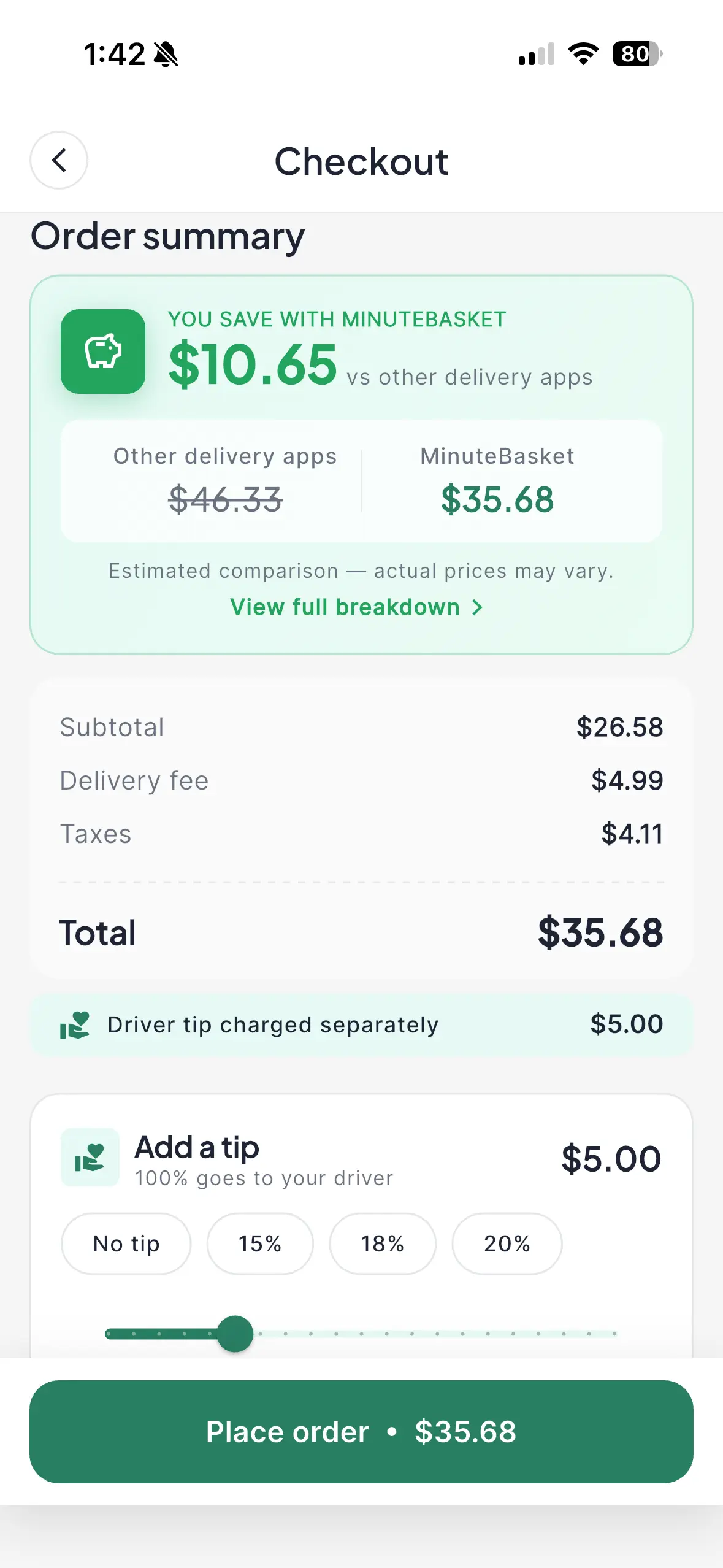 MinuteBasket app checkout with fee breakdown and driver tip